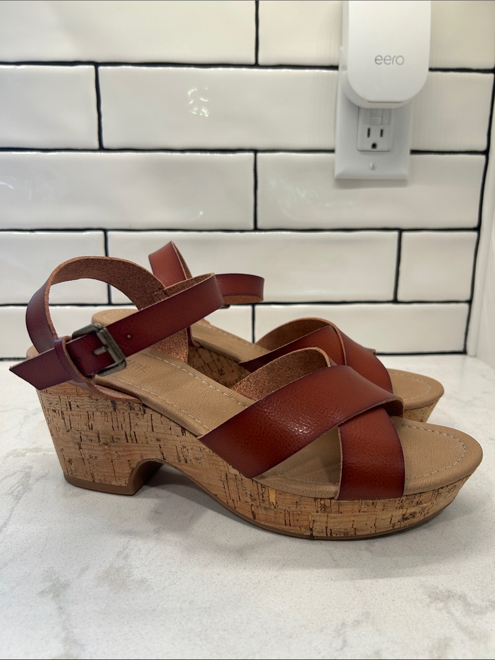 CUSHIONAIRE Women's Rosie Cork Wedge Sandal +Memory Foam 9.5 Cognac Boho - Picture 4 of 14